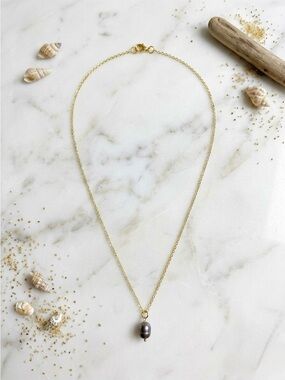 Gold Chain Necklace with Dark Pearl Pendant - Women Jewelry